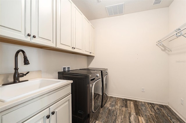 19209 Long Lake Ranch Blvd, Lutz, FL 33558 - washroom with cabinet space, washing machine and clothes dryer, and dark wood finished floors