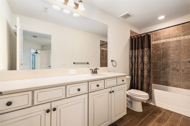 19209 Long Lake Ranch Blvd, Lutz, FL 33558 - bathroom with vanity, shower / tub combo, wood finished floors, ornamental molding, and recessed lighting