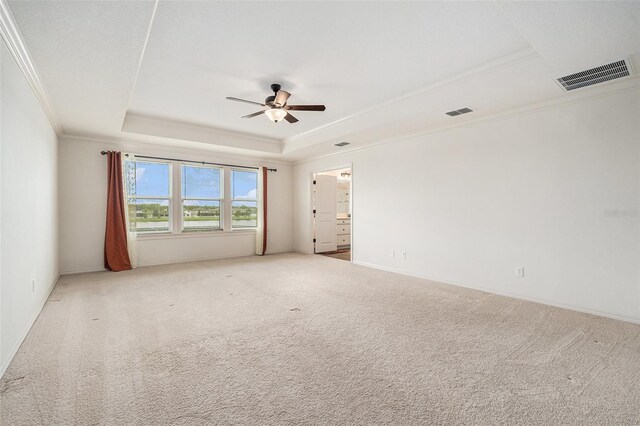 19209 Long Lake Ranch Blvd, Lutz, FL 33558 - unfurnished room with a tray ceiling, ornamental molding, a ceiling fan, and carpet