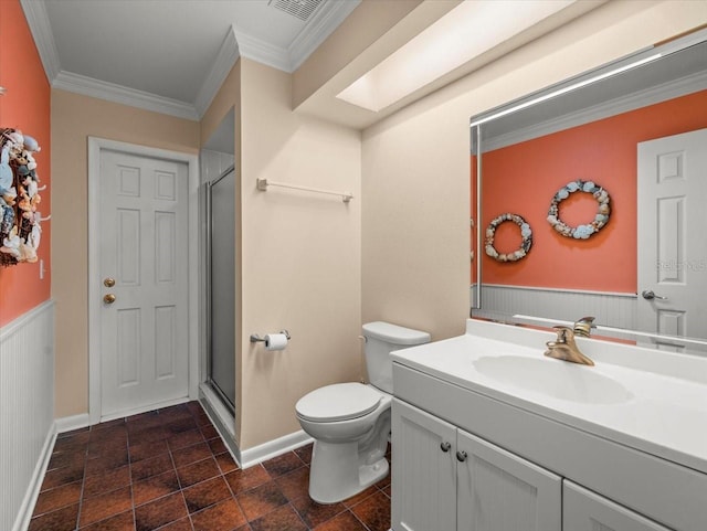4118 Carrollwood Village Dr, Tampa, FL 33618 - bathroom featuring vanity, a shower stall, ornamental molding, and wainscoting