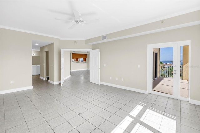 423 150th Ave Unit 1501, Madeira Beach, FL 33708 - spare room featuring a ceiling fan, crown molding, light tile patterned flooring, and french doors