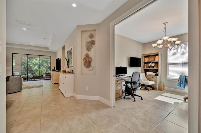 5320 Morey Farms Loop, Palmetto, FL 34221 - home office featuring light tile patterned floors, a chandelier, and recessed lighting