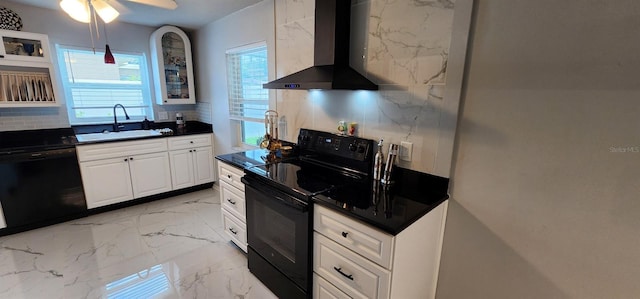 1583 Eunice Ln, Clearwater, FL 33756 - kitchen with wall chimney exhaust hood, black appliances, light marble finish flooring, dark countertops, and glass insert cabinets