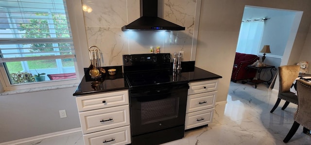 1583 Eunice Ln, Clearwater, FL 33756 - kitchen with wall chimney range hood, black / electric stove, white cabinetry, and dark countertops