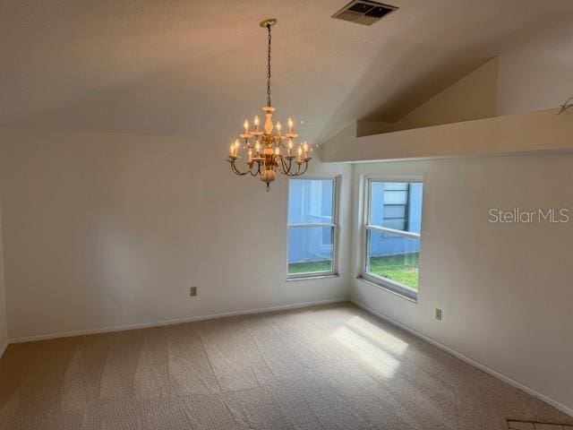 1922 Blue Sage Ct, Brandon, FL 33511 - empty room with carpet, a chandelier, and vaulted ceiling