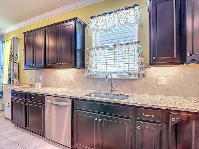 11703 Brighton Knoll Loop, Riverview, FL 33579 - kitchen with stainless steel dishwasher, ornamental molding, light stone counters, and backsplash