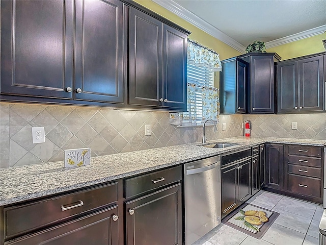 11703 Brighton Knoll Loop, Riverview, FL 33579 - kitchen featuring dishwasher, light stone counters, crown molding, decorative backsplash, and light tile patterned flooring