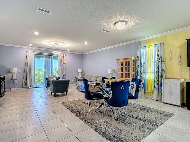 11703 Brighton Knoll Loop, Riverview, FL 33579 - living room with light tile patterned floors, a textured ceiling, ornamental molding, and recessed lighting