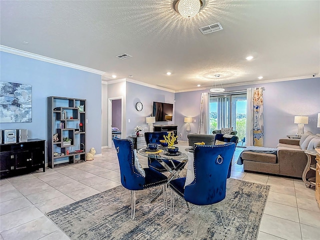 11703 Brighton Knoll Loop, Riverview, FL 33579 - living room featuring light tile patterned floors, crown molding, recessed lighting, and a textured ceiling
