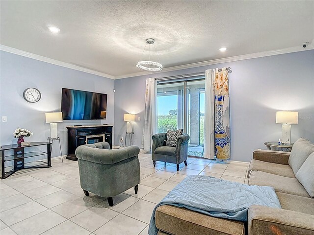 11703 Brighton Knoll Loop, Riverview, FL 33579 - living area featuring ornamental molding, light tile patterned flooring, a textured ceiling, and recessed lighting