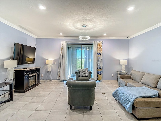 11703 Brighton Knoll Loop, Riverview, FL 33579 - living area featuring crown molding, recessed lighting, light tile patterned floors, and a glass covered fireplace