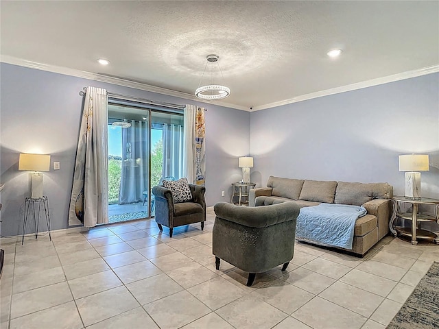 11703 Brighton Knoll Loop, Riverview, FL 33579 - living area featuring ornamental molding, light tile patterned floors, a textured ceiling, and recessed lighting