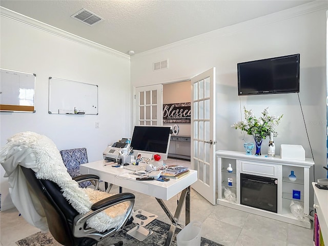 11703 Brighton Knoll Loop, Riverview, FL 33579 - office space with french doors, ornamental molding, light tile patterned floors, and a textured ceiling