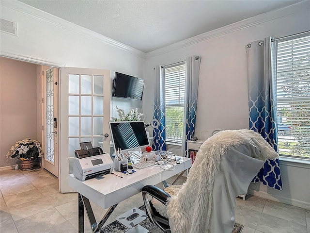 11703 Brighton Knoll Loop, Riverview, FL 33579 - office area featuring healthy amount of natural light, ornamental molding, and light tile patterned flooring
