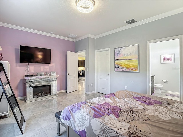 11703 Brighton Knoll Loop, Riverview, FL 33579 - bedroom with crown molding, a fireplace, and ensuite bathroom