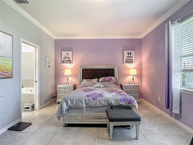 11703 Brighton Knoll Loop, Riverview, FL 33579 - bedroom with crown molding, light tile patterned floors, and ensuite bathroom
