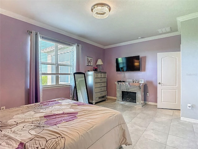 11703 Brighton Knoll Loop, Riverview, FL 33579 - bedroom featuring light tile patterned floors, crown molding, and a fireplace
