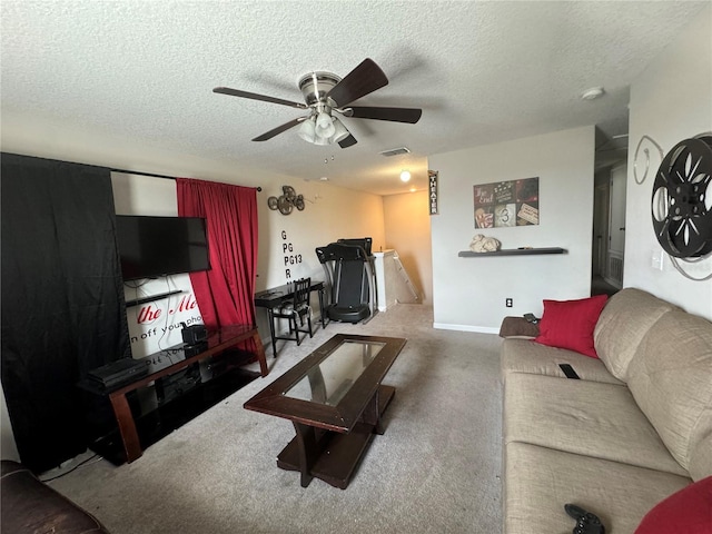 10108 Rosemary Leaf Ln, Riverview, FL 33578 - living room with ceiling fan, carpet flooring, and a textured ceiling