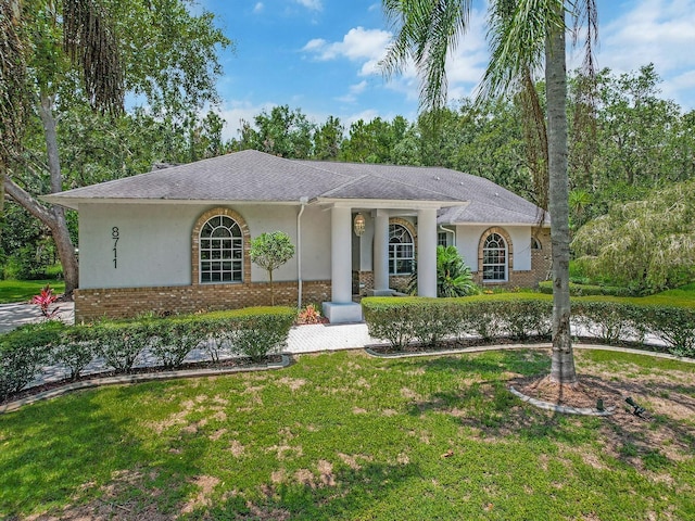 8711 Crescent Forest Blvd, New Port Richey, FL 34654 - single story home featuring stucco siding, a front yard, roof with shingles, and brick siding