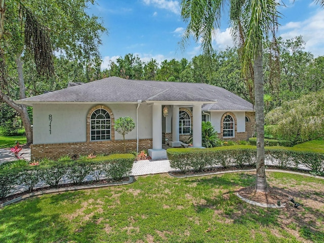 8711 Crescent Forest Blvd, New Port Richey, FL 34654 - single story home featuring stucco siding, brick siding, a front lawn, and a shingled roof