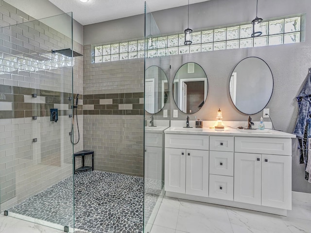 8711 Crescent Forest Blvd, New Port Richey, FL 34654 - full bath with marble look tiles, walk in shower, and double vanity