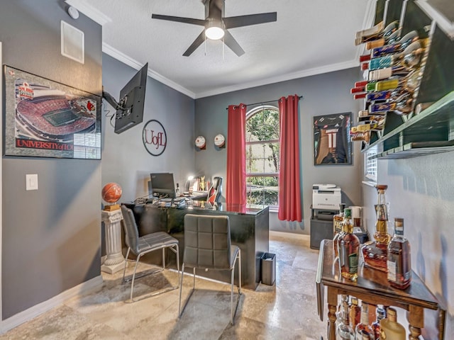 8711 Crescent Forest Blvd, New Port Richey, FL 34654 - office featuring a ceiling fan, crown molding, and a textured ceiling