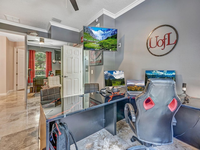 8711 Crescent Forest Blvd, New Port Richey, FL 34654 - office with a ceiling fan and crown molding