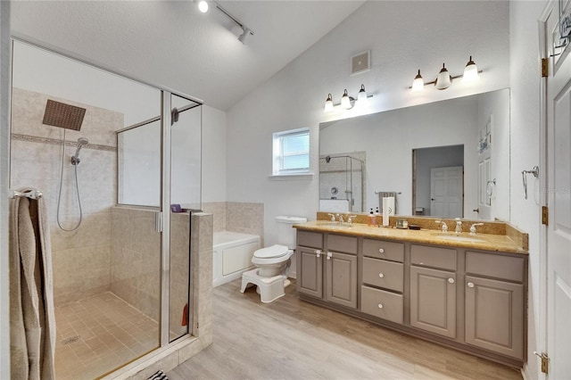 9041 58th St N, Pinellas Park, FL 33782 - bathroom with vaulted ceiling, a stall shower, double vanity, a bath, and wood finished floors