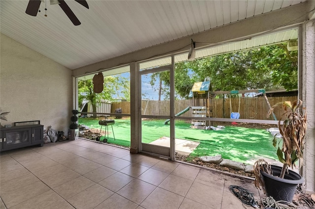 9041 58th St N, Pinellas Park, FL 33782 - unfurnished sunroom featuring a ceiling fan and lofted ceiling