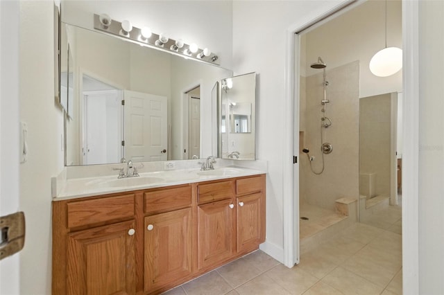 5390 Greystone Dr, Spring Hill, FL 34609 - bathroom with tile patterned floors, a walk in shower, and double vanity