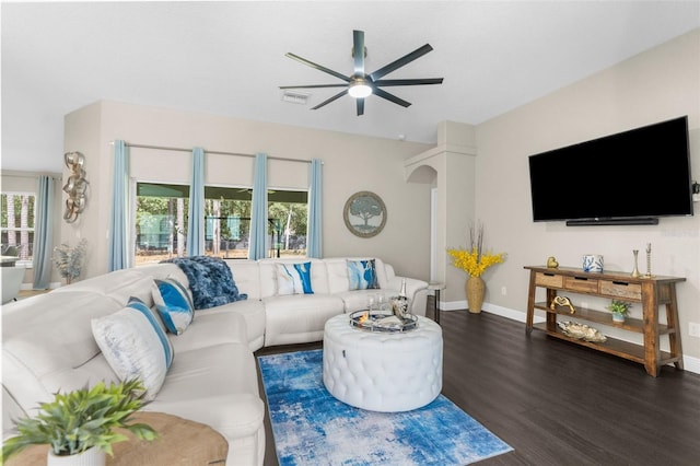 12333 Harris Hawk Rd, Weeki Wachee, FL 34614 - living room with a ceiling fan and wood finished floors