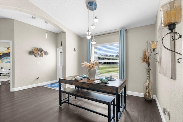 12333 Harris Hawk Rd, Weeki Wachee, FL 34614 - dining area with dark wood-style floors and arched walkways