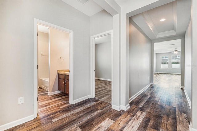 12322 Eagle Swoop Pl, Riverview, FL 33579 - hallway featuring dark wood-type flooring, ornamental molding, and a tray ceiling