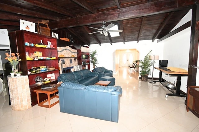 21921 US Highway 98, Dade City, FL 33523 - tiled living room with ceiling fan, wooden ceiling, and arched walkways