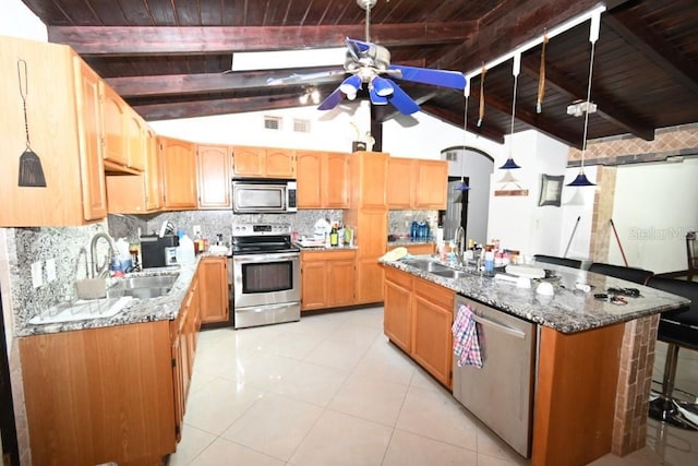 21921 US Highway 98, Dade City, FL 33523 - kitchen featuring stainless steel appliances, wood ceiling, a ceiling fan, backsplash, and a kitchen island with sink