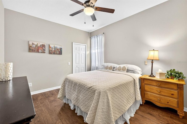 19028 Narimore Dr, Land O Lakes, FL 34638 - bedroom featuring dark wood-style floors, a closet, and ceiling fan