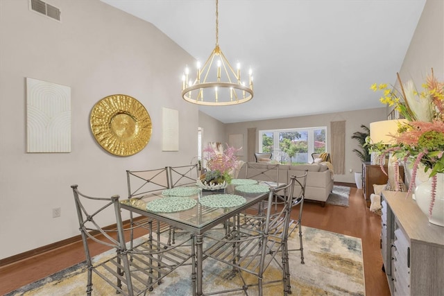 2174 Kent Ave, Clearwater, FL 33764 - dining area with wood finished floors, a chandelier, and high vaulted ceiling