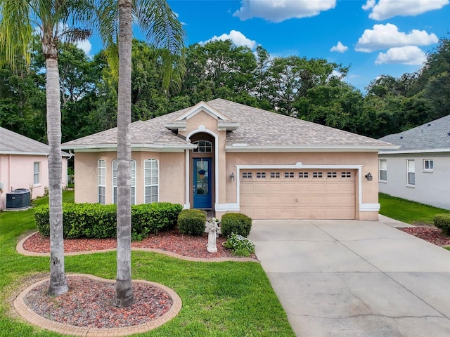12200 Hunters Lake Dr, New Port Richey, FL 34654 - ranch-style home featuring stucco siding, concrete driveway, an attached garage, and a front lawn