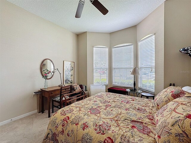 12200 Hunters Lake Dr, New Port Richey, FL 34654 - bedroom featuring light carpet, multiple windows, ceiling fan, and a textured ceiling