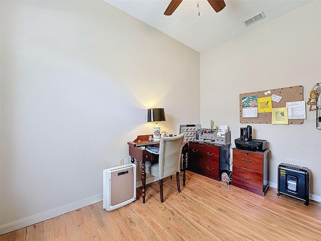 12200 Hunters Lake Dr, New Port Richey, FL 34654 - office area with ceiling fan, wood finished floors, and a textured ceiling