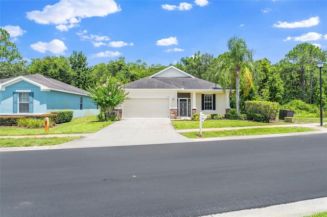 11144 Paradise Point Way, New Port Richey, FL 34654 - ranch-style house with a garage, concrete driveway, a front lawn, stucco siding, and stone siding