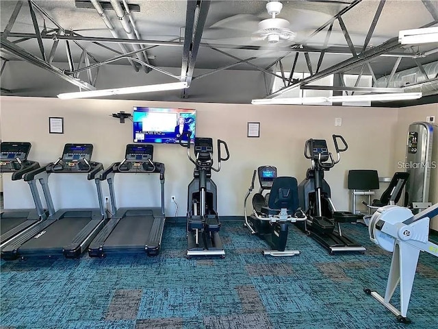 11144 Paradise Point Way, New Port Richey, FL 34654 - exercise room featuring carpet and a ceiling fan