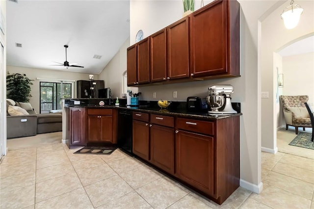 5264 Brilliance Cir, Cocoa, FL 32926 - kitchen featuring black dishwasher, open floor plan, ceiling fan, a peninsula, and dark countertops