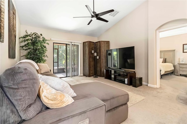 5264 Brilliance Cir, Cocoa, FL 32926 - living room featuring ceiling fan, light colored carpet, and vaulted ceiling