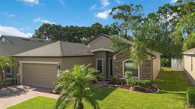 5264 Brilliance Cir, Cocoa, FL 32926 - view of front of home with stucco siding, stone siding, a garage, decorative driveway, and a front lawn