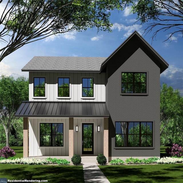 2828 13th St N, Saint Petersburg, FL 33704 - modern inspired farmhouse featuring a standing seam roof, board and batten siding, brick siding, a front lawn, and a metal roof