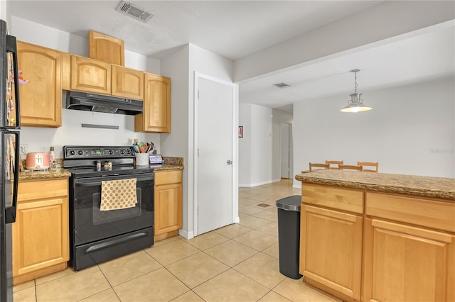 1340 NE Mariposa Dr NE, Palm Bay, FL 32905 - kitchen with black range with electric cooktop, under cabinet range hood, light tile patterned floors, pendant lighting, and light stone countertops