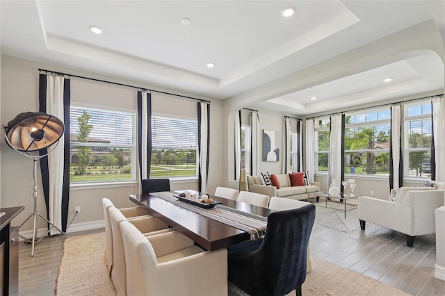 2903 Cordoba Ranch Blvd, Lutz, FL 33559 - dining room with a tray ceiling, light wood-style flooring, plenty of natural light, recessed lighting, and arched walkways