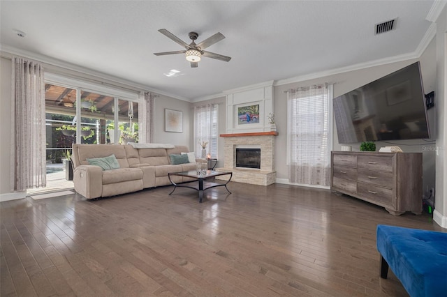 4147 Grandchamp Cir, Palm Harbor, FL 34685 - living area with a ceiling fan, ornamental molding, healthy amount of natural light, and hardwood / wood-style floors