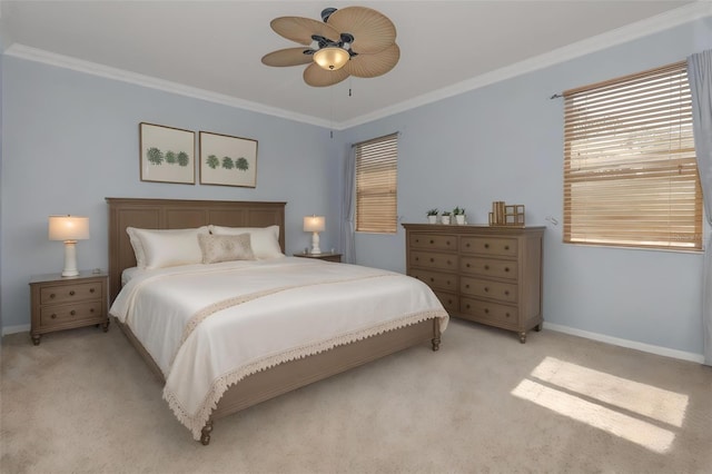 4147 Grandchamp Cir, Palm Harbor, FL 34685 - bedroom with light carpet, ornamental molding, and a ceiling fan